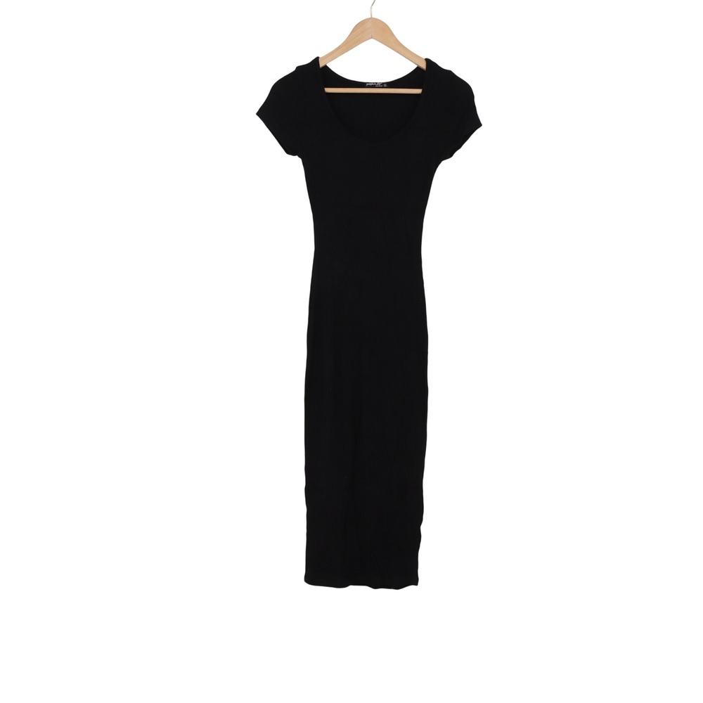 Popular Basics Dress Womens S Bodycon Midi Black Ribbed Scoop Neck Excellent